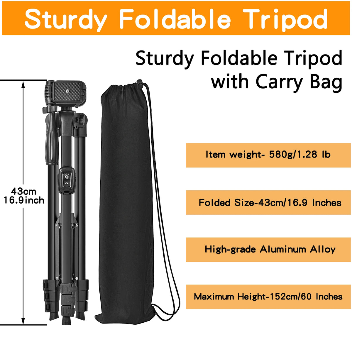 60" Professional Aluminum Camera Tripod with Remote & Travel Bag – Adjustable Stand for DSLR, Smartphones & Cameras