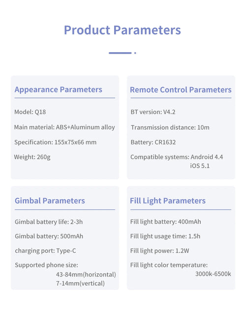 Q18 Handheld Phone Gimbal Stabilizer with Selfie Stick Tripod, Bluetooth Remote, Smart Tracking & Fill Light for iPhone Android Smartphone