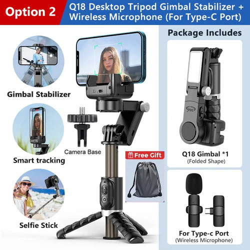 Q18 Handheld Phone Gimbal Stabilizer with Selfie Stick Tripod, Bluetooth Remote, Smart Tracking & Fill Light for iPhone Android Smartphone