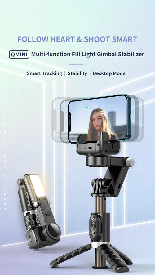Q18 Handheld Phone Gimbal Stabilizer with Selfie Stick Tripod, Bluetooth Remote, Smart Tracking & Fill Light for iPhone Android Smartphone