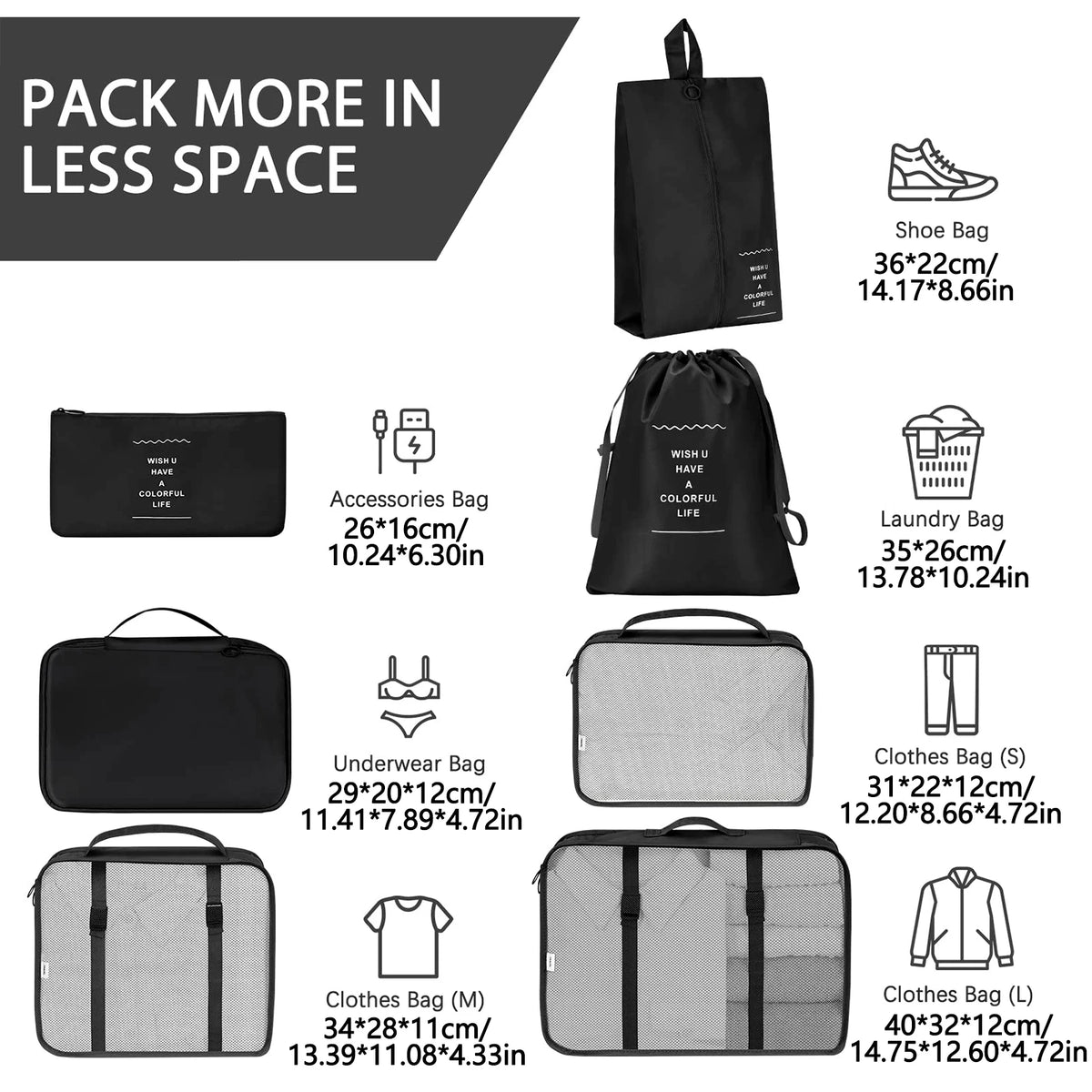 7 Pcs/Set Travel Organizer Storage Bags Suitcase Packing Cubes Set Cases Portable Luggage Clothes Shoe Tidy Pouch Folding.-zmt
