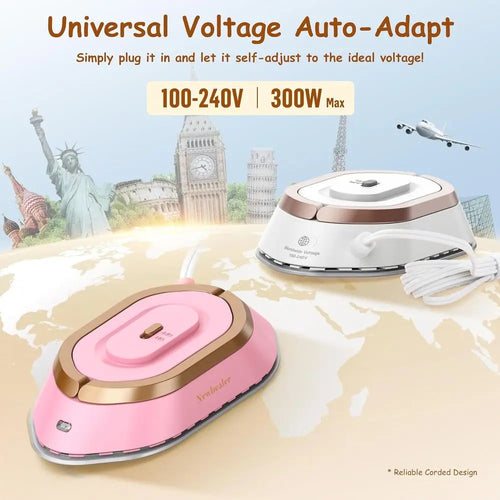 Portable Dual Voltage Iron - Lightweight Non-Stick Ceramic Dry Iron for Travel, 120V/220V, 302℉ Heat Press, Includes Spray Bottl