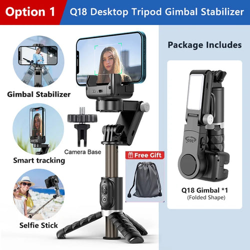 Q18 Handheld Phone Gimbal Stabilizer with Selfie Stick Tripod, Bluetooth Remote, Smart Tracking & Fill Light for iPhone Android Smartphone
