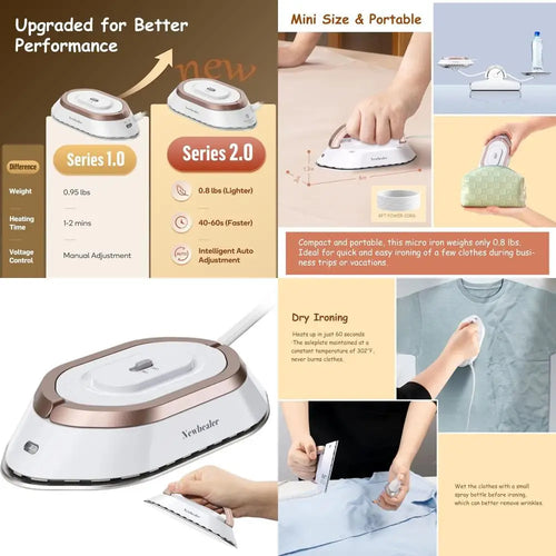 Portable Dual Voltage Iron - Lightweight Non-Stick Ceramic Dry Iron for Travel, 120V/220V, 302℉ Heat Press, Includes Spray Bottl