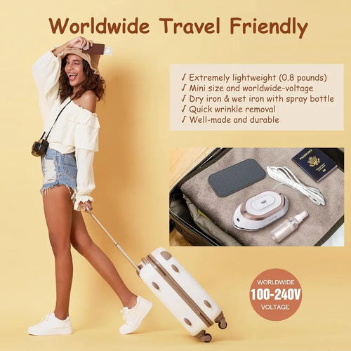 Portable Dual Voltage Iron - Lightweight Non-Stick Ceramic Dry Iron for Travel, 120V/220V, 302℉ Heat Press, Includes Spray Bottl
