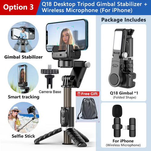 Q18 Handheld Phone Gimbal Stabilizer with Selfie Stick Tripod, Bluetooth Remote, Smart Tracking & Fill Light for iPhone Android Smartphone