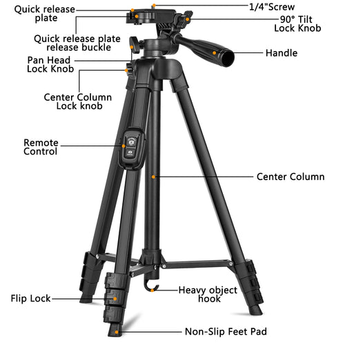 60" Professional Aluminum Camera Tripod with Remote & Travel Bag – Adjustable Stand for DSLR, Smartphones & Cameras