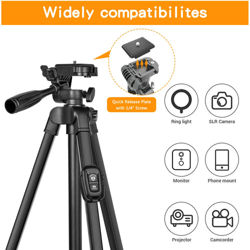 60" Professional Aluminum Camera Tripod with Remote & Travel Bag – Adjustable Stand for DSLR, Smartphones & Cameras