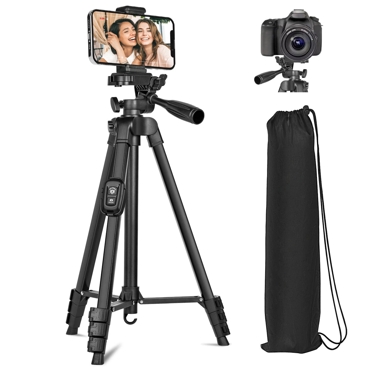 60" Professional Aluminum Camera Tripod with Remote & Travel Bag – Adjustable Stand for DSLR, Smartphones & Cameras